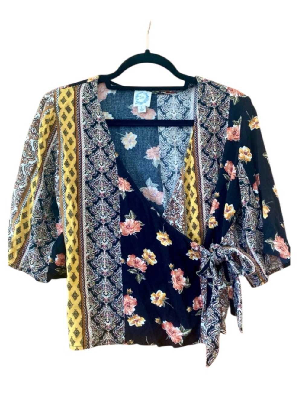 Blue Rain Boho Patchwork Floral Paisley Wrap Blouse Bell Sleeve Large